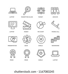 Set Of 16 simple line icons such as Laptop, Shield, Prize, Newspaper, Presentation, Pie chart, editable stroke icon pack, pixel perfect
