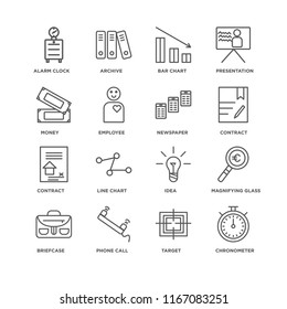 Set Of 16 simple line icons such as Chronometer, Target, Phone call, Briefcase, Magnifying glass, Alarm clock, Money, Contract, Newspaper, editable stroke icon pack, pixel perfect