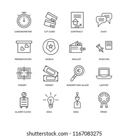 Set Of 16 simple line icons such as Prize, Idea, Alarm clock, Laptop, Chronometer, Presentation, Target, Wallet, editable stroke icon pack, pixel perfect