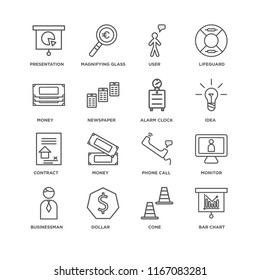 Set Of 16 simple line icons such as Bar chart, Cone, Dollar, Businessman, Monitor, Presentation, Money, Contract, Alarm clock, editable stroke icon pack, pixel perfect