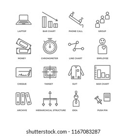 Set Of 16 simple line icons such as Push pin, Idea, Hierarchical structure, Archive, Bar chart, Laptop, Money, Cheque, Line editable stroke icon pack, pixel perfect