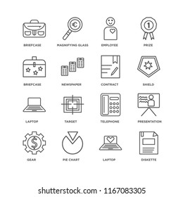 Set Of 16 simple line icons such as Diskette, Laptop, Pie chart, Gear, Presentation, Briefcase, Contract, editable stroke icon pack, pixel perfect