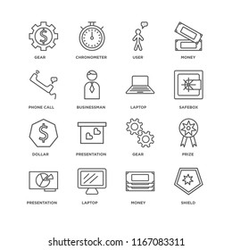 Set Of 16 simple line icons such as Shield, Money, Laptop, Presentation, Prize, Gear, Phone call, Dollar, editable stroke icon pack, pixel perfect