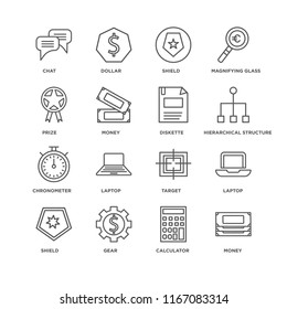 Set Of 16 simple line icons such as Money, Calculator, Gear, Shield, Laptop, Chat, Prize, Chronometer, Diskette, editable stroke icon pack, pixel perfect