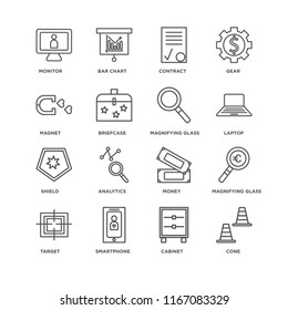 Set Of 16 simple line icons such as Cone, Cabinet, Smartphone, Target, Magnifying glass, Monitor, Magnet, Shield, editable stroke icon pack, pixel perfect