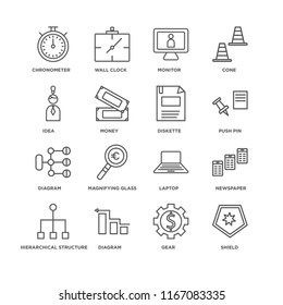 Set Of 16 simple line icons such as Shield, Gear, Diagram, Hierarchical structure, Newspaper, Chronometer, Idea, Diskette, editable stroke icon pack, pixel perfect