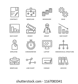 Set Of 16 simple line icons such as Archive, Cheque, Line chart, Briefcase, Hierarchical structure, Contract, Bar Employee, Group, editable stroke icon pack, pixel perfect