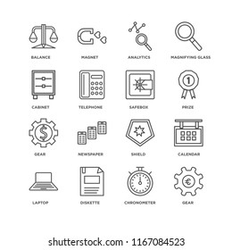 Set Of 16 simple line icons such as Gear, Chronometer, Diskette, Laptop, Calendar, Balance, Cabinet, Safebox, editable stroke icon pack, pixel perfect Set Of 16 simple line icons such as Gear, Chronometer, Diskette, Laptop, Calendar, Balance, Cabinet, Safebox, editable stroke icon pack, pixel perfect