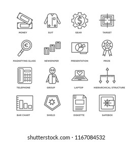 Set Of 16 simple line icons such as Safebox, Diskette, Shield, Bar chart, Hierarchical structure, Money, Magnifying glass, Telephone, Presentation, editable stroke icon pack, pixel perfect