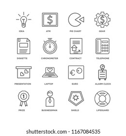 Set Of 16 simple line icons such as Lifeguard, Shield, Businessman, Prize, Alarm clock, Idea, Diskette, Presentation, Contract, editable stroke icon pack, pixel perfect