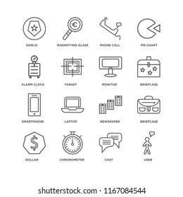 Set Of 16 simple line icons such as User, Chat, Chronometer, Dollar, Briefcase, Shield, Alarm clock, Smartphone, Monitor, editable stroke icon pack, pixel perfect