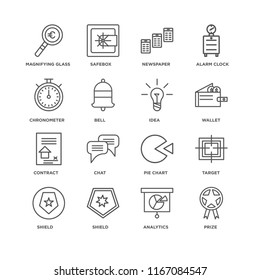 Set Of 16 simple line icons such as Prize, Analytics, Shield, Target, Magnifying glass, Chronometer, Contract, Idea, editable stroke icon pack, pixel perfect