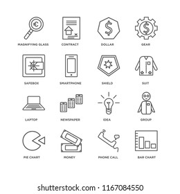 Set Of 16 simple line icons such as Bar chart, Phone call, Money, Pie Group, Magnifying glass, Safebox, Laptop, Shield, editable stroke icon pack, pixel perfect