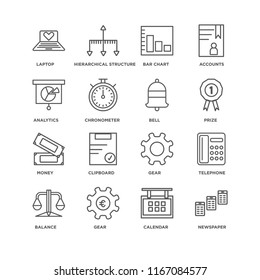 Set Of 16 simple line icons such as Newspaper, Calendar, Gear, Balance, Telephone, Laptop, Analytics, Money, Bell, editable stroke icon pack, pixel perfect