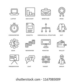 Set Of 16 simple line icons such as Group, Target, Chat, Presentation, Wallet, Laptop, Chronometer, Gear, Hierarchical structure, editable stroke icon pack, pixel perfect