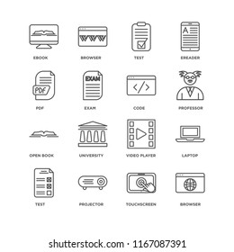 Set Of 16 simple line icons such as Browser, Touchscreen, Projector, Test, Laptop, Ebook, Pdf, Open book, Code, editable stroke icon pack, pixel perfect
