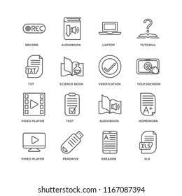 Set Of 16 simple line icons such as Xls, Ereader, Pendrive, Video player, Homework, Record, Txt, Verification, editable stroke icon pack, pixel perfect
