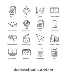 Set Of 16 simple line icons such as Test, Homework, Wikipedia, Video player, Science book, Pdf, Mortarboard, Search engine, Txt, editable stroke icon pack, pixel perfect