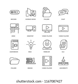 Set Of 16 simple line icons such as University, Video player, Ebook, Folder, Xls, Record, Desk, Audiobook, editable stroke icon pack, pixel perfect