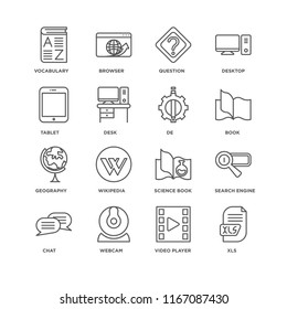 Set Of 16 simple line icons such as Xls, Video player, Webcam, Chat, Search engine, Vocabulary, Tablet, Geography, De, editable stroke icon pack, pixel perfect