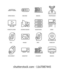 Set Of 16 simple line icons such as Ebook, Student, Desktop, Document, Webcam, Open book, Video player, Xls, Questions, editable stroke icon pack, pixel perfect