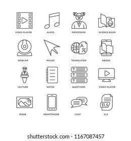 Set Of 16 simple line icons such as Xls, Chat, Smartphone, Image, Video player, Webcam, Lecture, Translator, editable stroke icon pack, pixel perfect