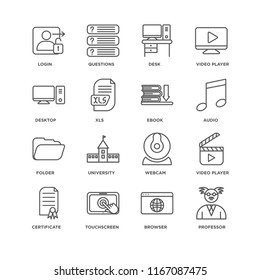 Set Of 16 simple line icons such as Professor, Browser, Touchscreen, Certificate, Video player, Login, Desktop, Folder, Ebook, editable stroke icon pack, pixel perfect