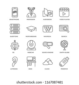 Set Of 16 simple line icons such as Pendrive, Cloud, Desk, Listening, Earth globe, Smartphone, Questions, De, Wikipedia, editable stroke icon pack, pixel perfect