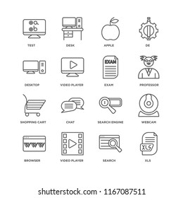 Set Of 16 simple line icons such as Xls, Search, Video player, Browser, Webcam, Test, Desktop, Shopping cart, Exam, editable stroke icon pack, pixel perfect
