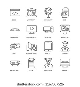 Set Of 16 simple line icons such as Ebook, Professor, Exam, Projector, Student, Code, Open book, Chat, Desktop, editable stroke icon pack, pixel perfect