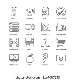 Set Of 16 simple line icons such as Browser, Listening, Apple, Video player, Shopping cart, Test, Questions, Statistics, editable stroke icon pack, pixel perfect