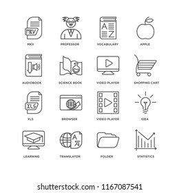 Set Of 16 simple line icons such as Statistics, Folder, Translator, Learning, Idea, Mkv, Audiobook, Xls, Video player, editable stroke icon pack, pixel perfect