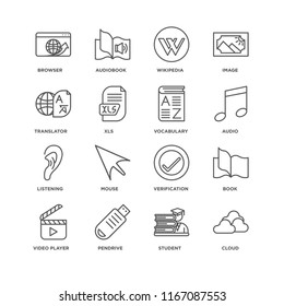 Set Of 16 simple line icons such as Cloud, Student, Pendrive, Video player, Book, Browser, Translator, Listening, Vocabulary, editable stroke icon pack, pixel perfect