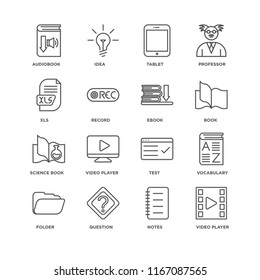 Set Of 16 simple line icons such as Video player, Notes, Question, Folder, Vocabulary, Audiobook, Xls, Science book, Ebook, editable stroke icon pack, pixel perfect