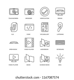 Set Of 16 simple line icons such as Idea, Science book, Book, Video player, Keyboard, Touchscreen, Xls, Open Vocabulary, editable stroke icon pack, pixel perfect