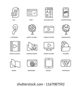Set Of 16 simple line icons such as Wikipedia, Tablet, Browser, Book, Folder, Xls, Listening, Video player, editable stroke icon pack, pixel perfect