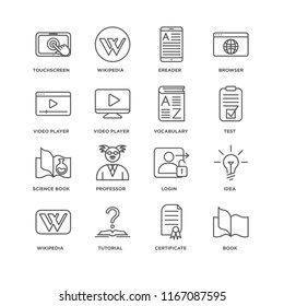 Set Of 16 simple line icons such as Book, Certificate, Tutorial, Wikipedia, Idea, Touchscreen, Video player, Science book, Vocabulary, editable stroke icon pack, pixel perfect