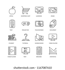 Set Of 16 simple line icons such as Statistics, Ereader, Test, Video player, Apple, Student, Touchscreen, editable stroke icon pack, pixel perfect