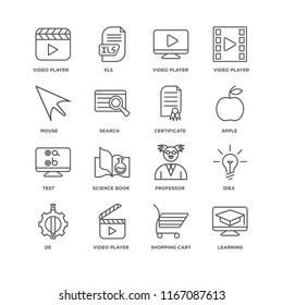 Set Of 16 simple line icons such as Learning, Shopping cart, Video player, De, Idea, Mouse, Test, Certificate, editable stroke icon pack, pixel perfect