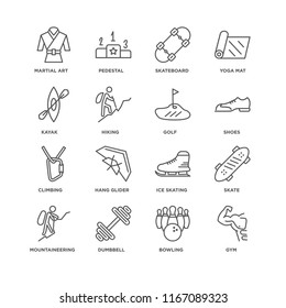 Set Of 16 simple line icons such as Gym, Bowling, Dumbbell, Mountaineering, Skate, Martial art, Kayak, Climbing, Golf, editable stroke icon pack, pixel perfect