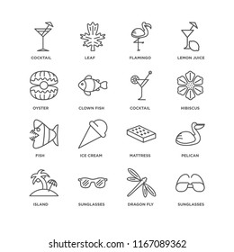 Set Of 16 simple line icons such as Sunglasses, Dragon fly, Island, Pelican, Cocktail, Oyster, Fish, editable stroke icon pack, pixel perfect