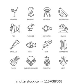 Set Of 16 simple line icons such as Leaf, Pineapple, Flower necklace, Papaya, Surfboard, Cocktail, Fish, Spyglass, Clown fish, editable stroke icon pack, pixel perfect