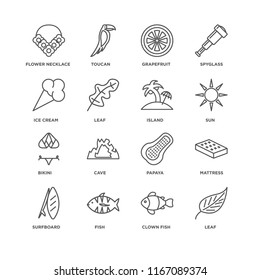 Set Of 16 simple line icons such as Leaf, Clown fish, Fish, Surfboard, Mattress, Flower necklace, Ice cream, Bikini, Island, editable stroke icon pack, pixel perfect