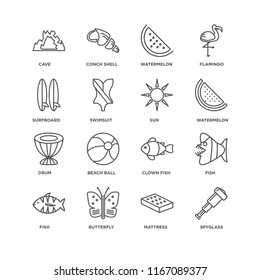 Set Of 16 simple line icons such as Spyglass, Mattress, Butterfly, Fish, Cave, Surfboard, Drum, Sun, editable stroke icon pack, pixel perfect
