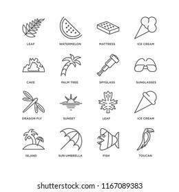 Set Of 16 simple line icons such as Toucan, Fish, Sun umbrella, Island, Ice cream, Leaf, Cave, Dragon fly, Spyglass, editable stroke icon pack, pixel perfect