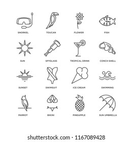 Set Of 16 simple line icons such as Sun umbrella, Pineapple, Bikini, Parrot, Swimming, Snorkel, Sun, Sunset, Tropical drink, editable stroke icon pack, pixel perfect