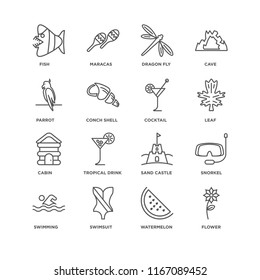 Set Of 16 simple line icons such as Flower, Watermelon, Swimsuit, Swimming, Snorkel, Fish, Parrot, Cabin, Cocktail, editable stroke icon pack, pixel perfect