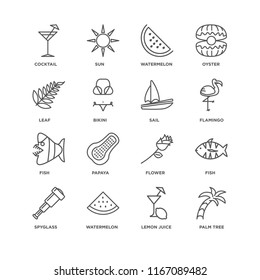 Set Of 16 simple line icons such as Palm tree, Lemon juice, Watermelon, Spyglass, Fish, Cocktail, Leaf, Sail, editable stroke icon pack, pixel perfect