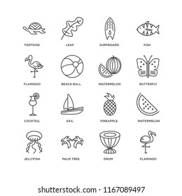 Set Of 16 simple line icons such as Flamingo, Drum, Palm tree, Jellyfish, Watermelon, Tortoise, Cocktail, editable stroke icon pack, pixel perfect