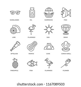 Set Of 16 simple line icons such as Flower, Flamingo, Fish, Pineapple, Conch shell, Sunglasses, Lime, Spyglass, Sun, editable stroke icon pack, pixel perfect